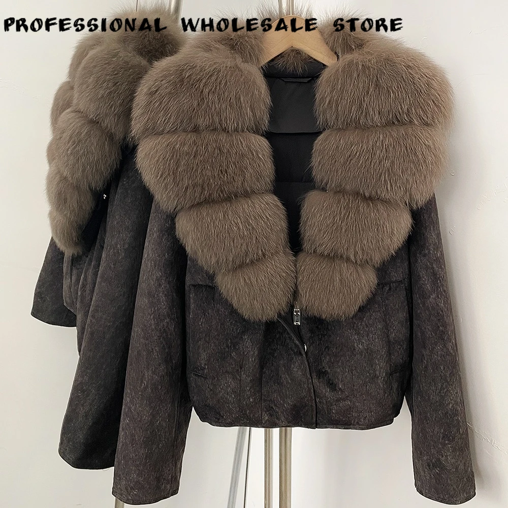 Women's Cropped Down Jacket Oversized Real Fur Coat Insulated Zipper Duck Down Outerwear Urban Style Cold Winter Daily Outfit