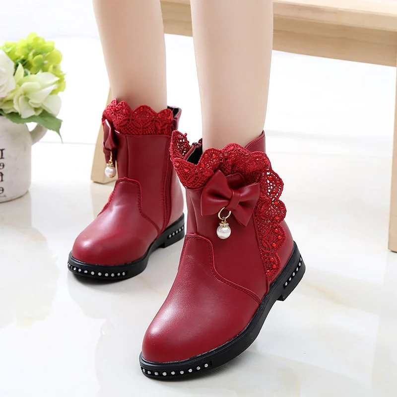 Autumn/Winter ZIP Fashion Cool Baby Girls Warm Lace Bow Beaded Square Heel Round Toe Casual Comfortable Kids Mid Boots