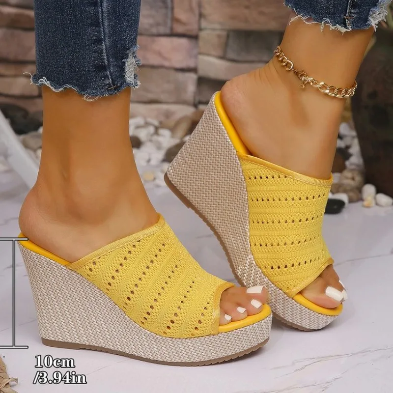 Womens Wedge Sandals Open Toe High Heel Platform Mules Knitted Look Slip on Backless Woven Texture Casual Summer Walking Shoes view 5