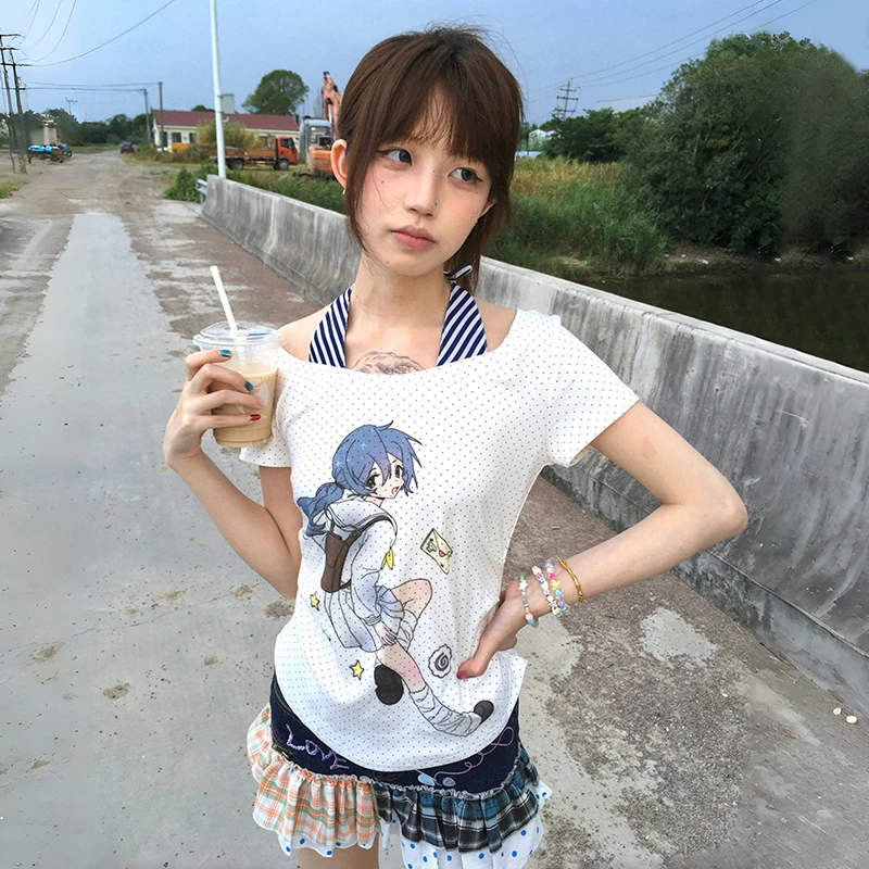Karrram Japanese Y2k Fake Two-piece Tops 2000s Style Anime Print T-shirt Vintage Harajuku Short Sleeve Crop Top Kawaii Cutecore - view 2