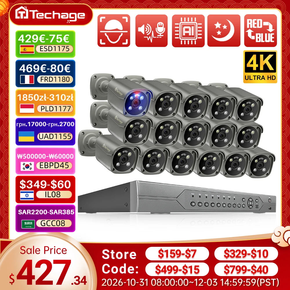 Techage 4K 16CH 8MP 5MP PoE Camera System H.265 Face Human Detect 2-way Audio Colorful Night CCTV Security Surveillance NVR Kit