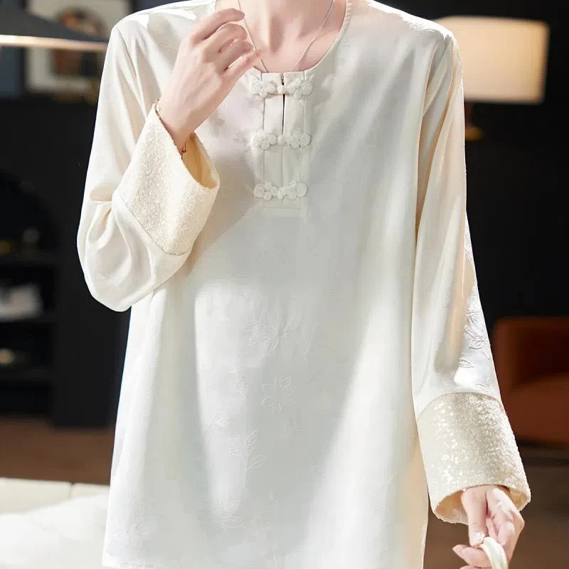 New Chinese Style Buttoned Jacquard Chiffon Shirt with High-end Feel Nail Bead Temperament Casual Top for Women