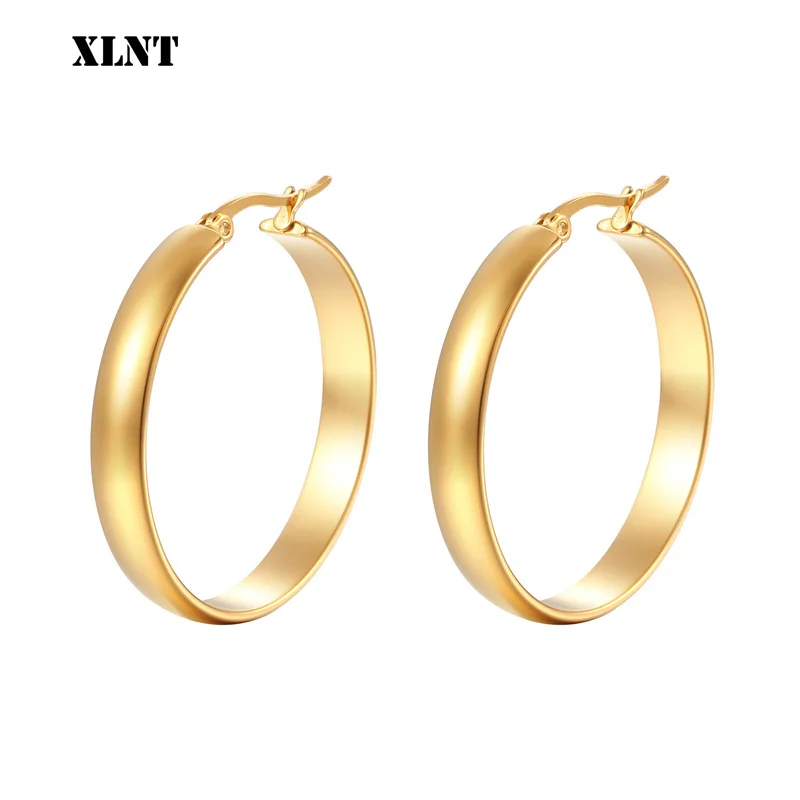 XLNT Simple Exaggerated Glossy Metal Hoop Earrings For Women Personality Wide Edge Gold Plated Large Ear ring Fashion Jewelry