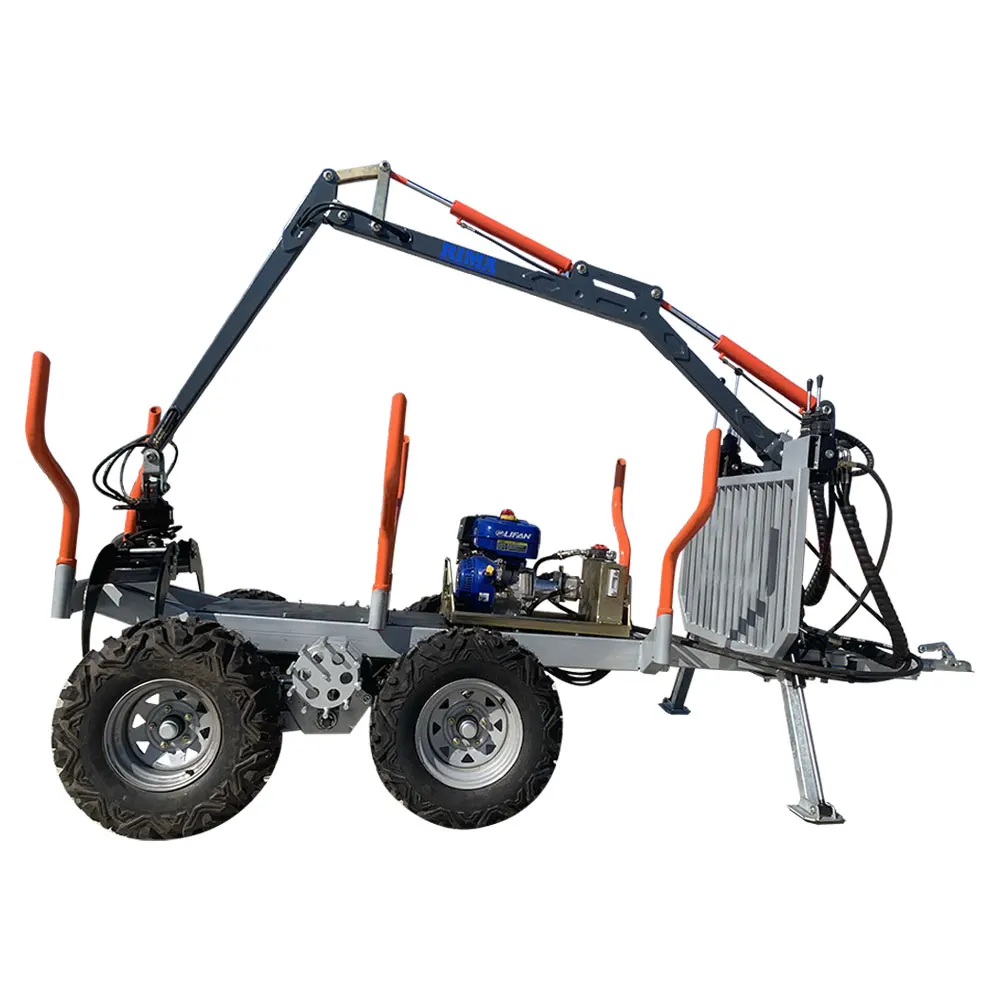 Heavy Duty Log Hauling Trailer with Hydraulic Crane Grapple, Stabilizer Legs for ATV Forest Timber Collection