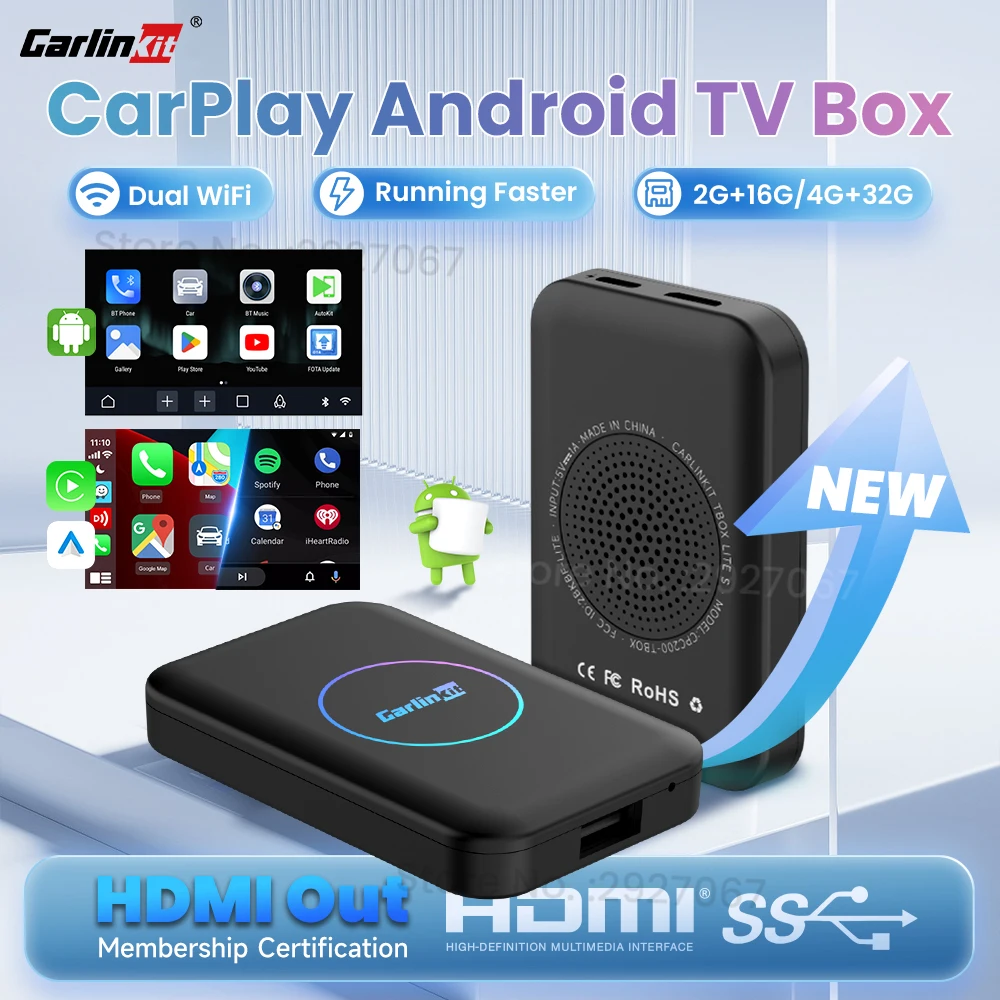 CarlinKit Lite S CarPlay Android TV Box Wireless CarPlay Android Auto Adapter Support HDMI Output USB A Video Playback 5-in-1 Video Streaming Box Compatible with OEM Car with Wired CarPlay or Android Auto for Youtube Netflix Pre-installed 4+32G OTA Update