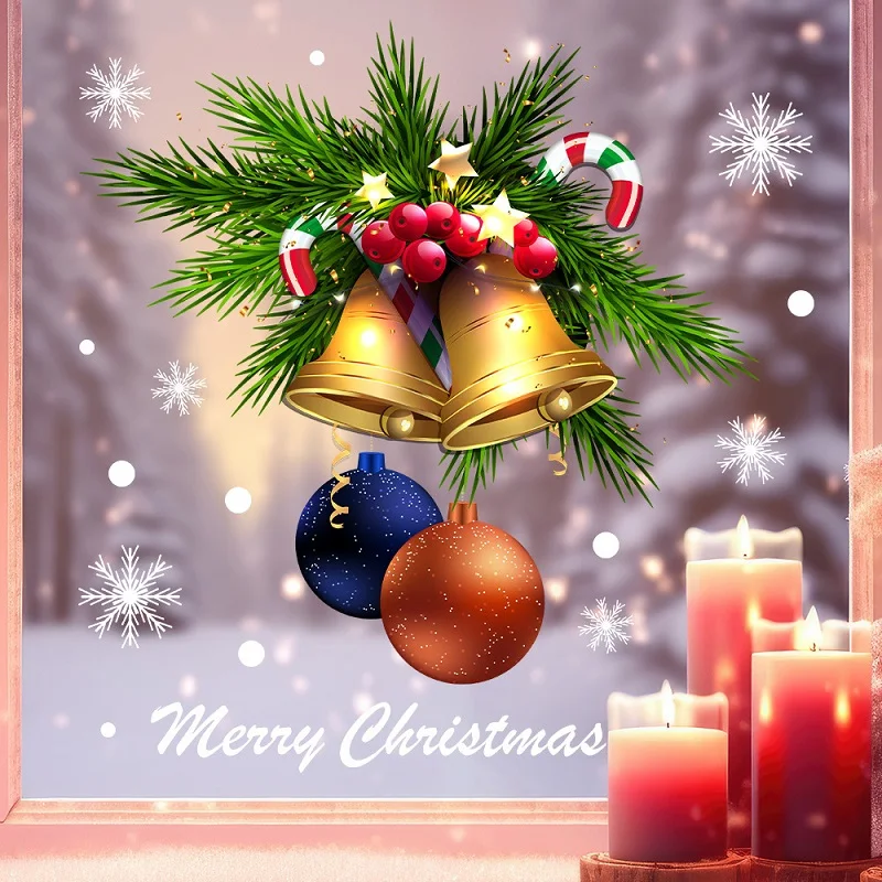 Merry Christmas Bells Eggs and Candy Canes Window Decals Living Room Glass Door and Window Decorative Static Cling Stickers