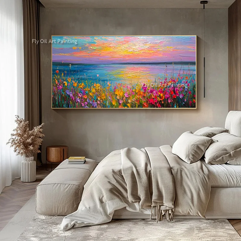 Blue Sea Yellow Sunset View Modern Style Canvas Wall Art Items For Home Hand Made Red Orange Flowers Field Oil Painting As Gifts