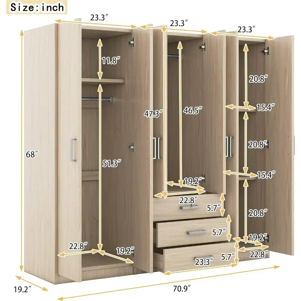 Large Wardrobe Closet 6 Doors, Wooden Wardrobe Cabinet with Big Drawers, Bedroom Armoire Dresser Wardrobe Clothes Organizer