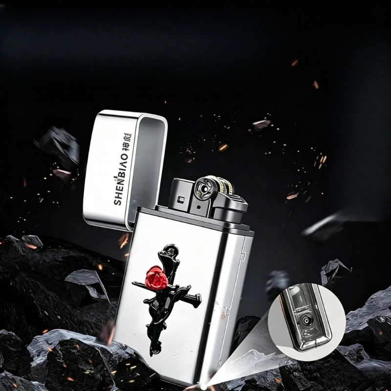 Creative Rose Pattern Windproof Jet Flame Lighter, Metal Shell Blue Flame Refillable Butane Igniter, Outdoor Cigarette Tool