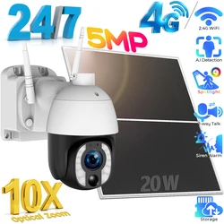 Gravação 24 horas por dia, 7 dias por semana Energia solar Cùmera de segurança 5MP Zoom óptico 10X 4G LTE/Wi-Fi Rastreamento automåtico PTZ Cùmeras IP com painel solar de 20W Holofote Visão noturna colorida Conversa bi