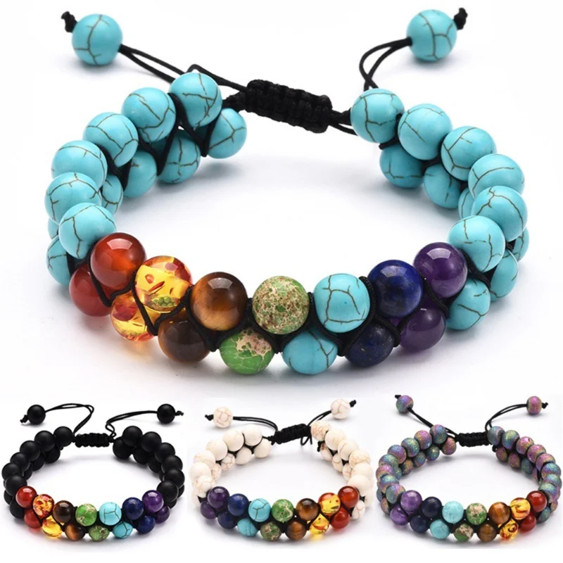 7 Chakra Natural Stone Handmade Braided Double Layer Lava Bracelets Adjustable Energy Colorful Beaded Bracelet for Men Women