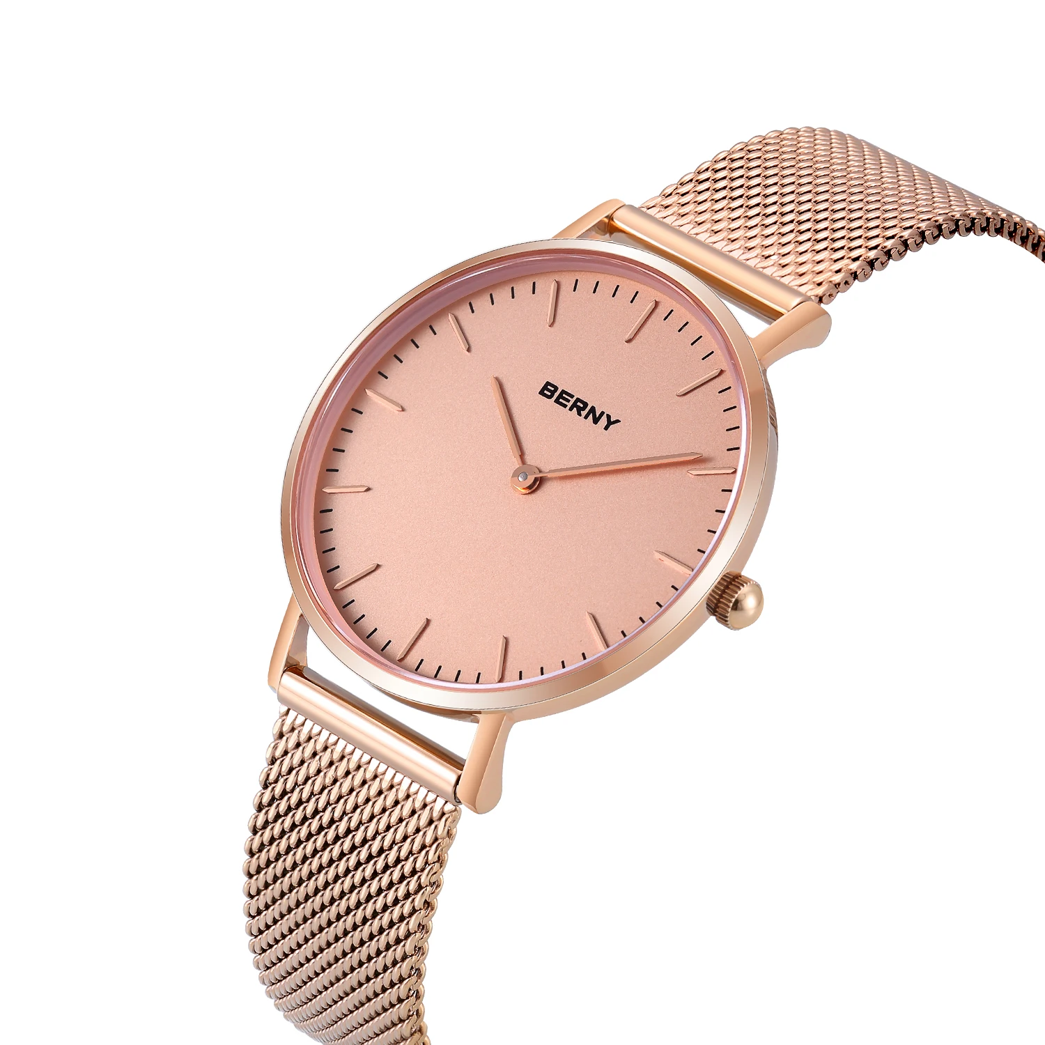 BERNY Quartz Women Watch Original Japanese Movement Stainless Steel Mesh Belt Classic Minimalist Wind Rose Gold Ladies Watches