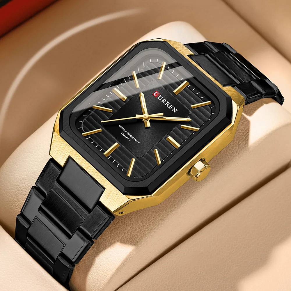 CURREN NEW Stainless Steel Strap Vintage Rectangle Dial Quartz Watches for Men Luminous Hands Waterproof