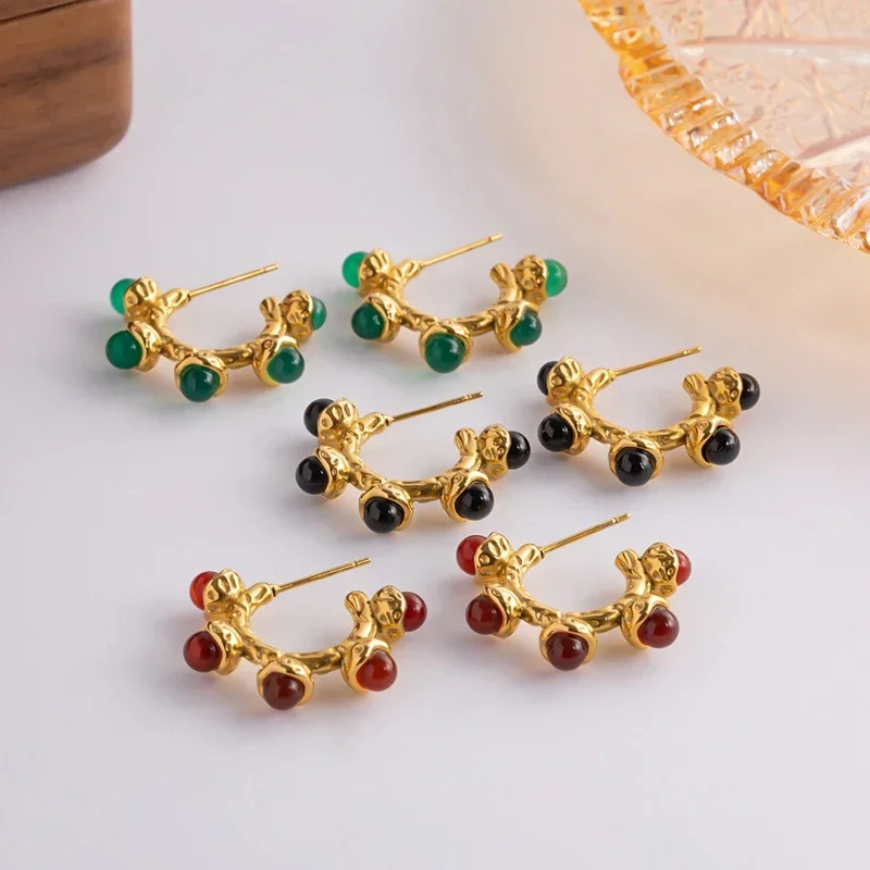 New Stainless Steel 18k Gold Color Texture Earrings Vintage Green Red Natural Stone Fine Jewelry