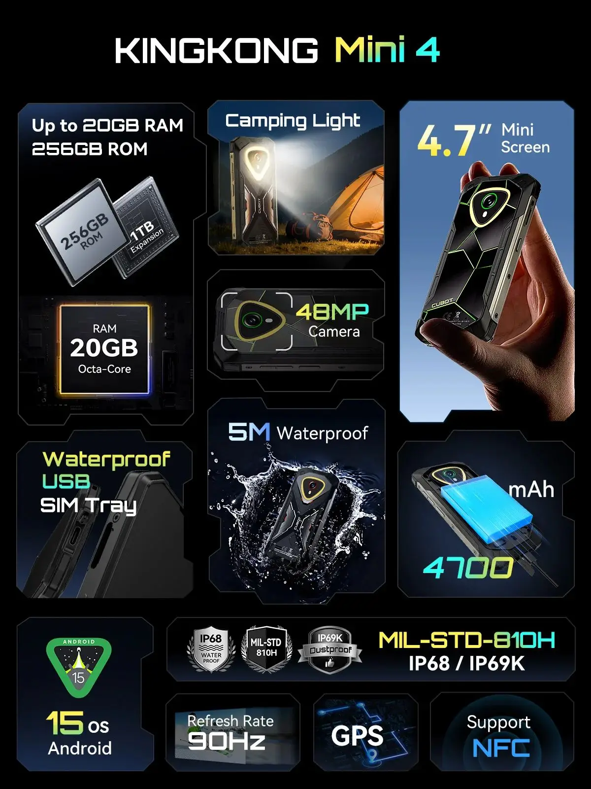Прочный смартфон Cubot KingKong MINI 4 NFC, Android 15 до 20 ГБ ОЗУ + 256 ГБ ПЗУ, 4,7-дюймовый мини-телефон, 4700 мАч, 48 МП, маленький мобильный телефон Прочный смартфон Cubot KingKong MINI 4 NFC, Android 15 до 20 ГБ ОЗУ + 256 ГБ ПЗУ, 4,7-дюймовый мини-телефон, 4700 мАч, 48 МП, маленький мобильный телефон