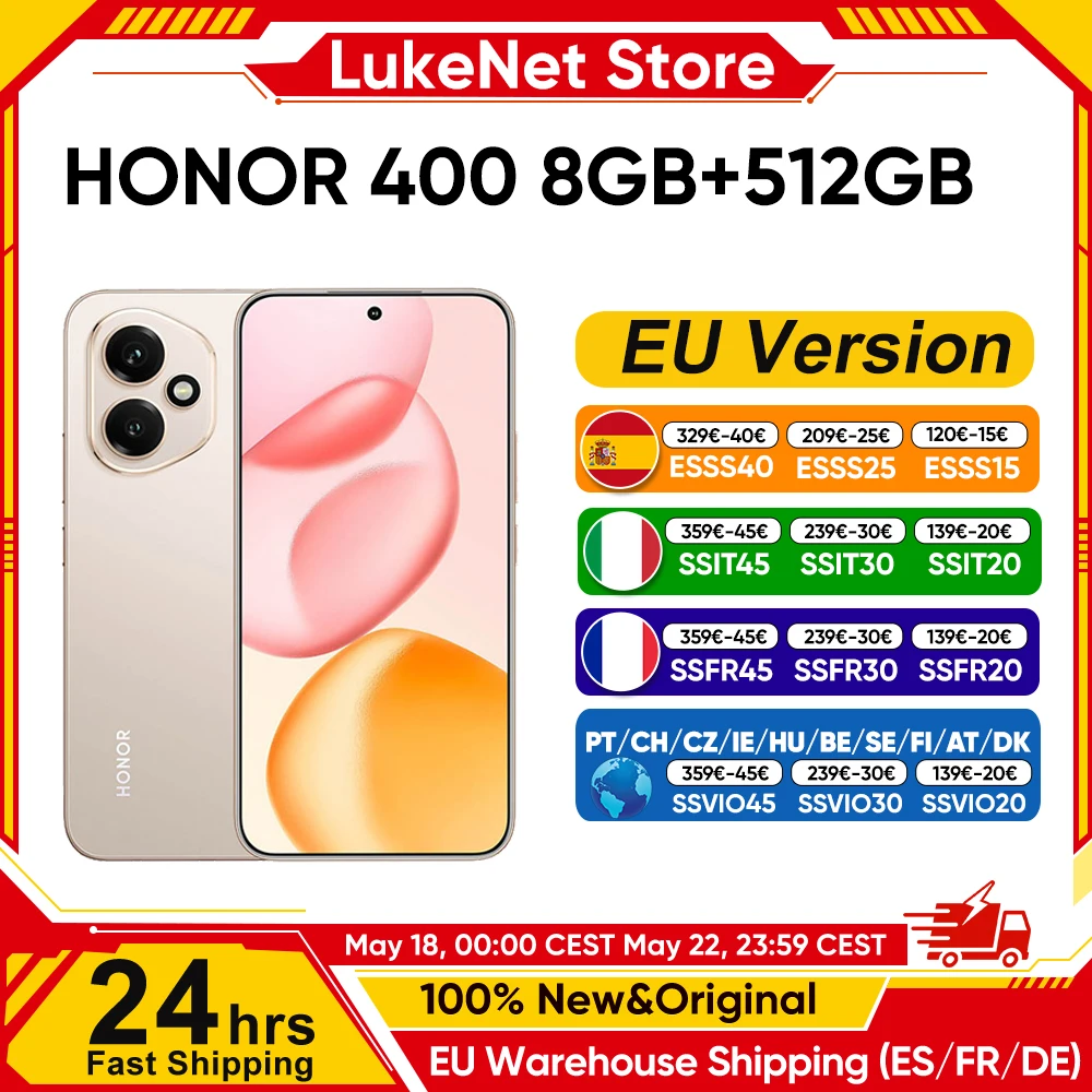 Version EU du smartphone HONOR 400 5G, Snapdragon 7 Gen 3, appareil photo IA 200MP, écran AMOLED 6,55'', 5300mAh, SuperCharge 66W