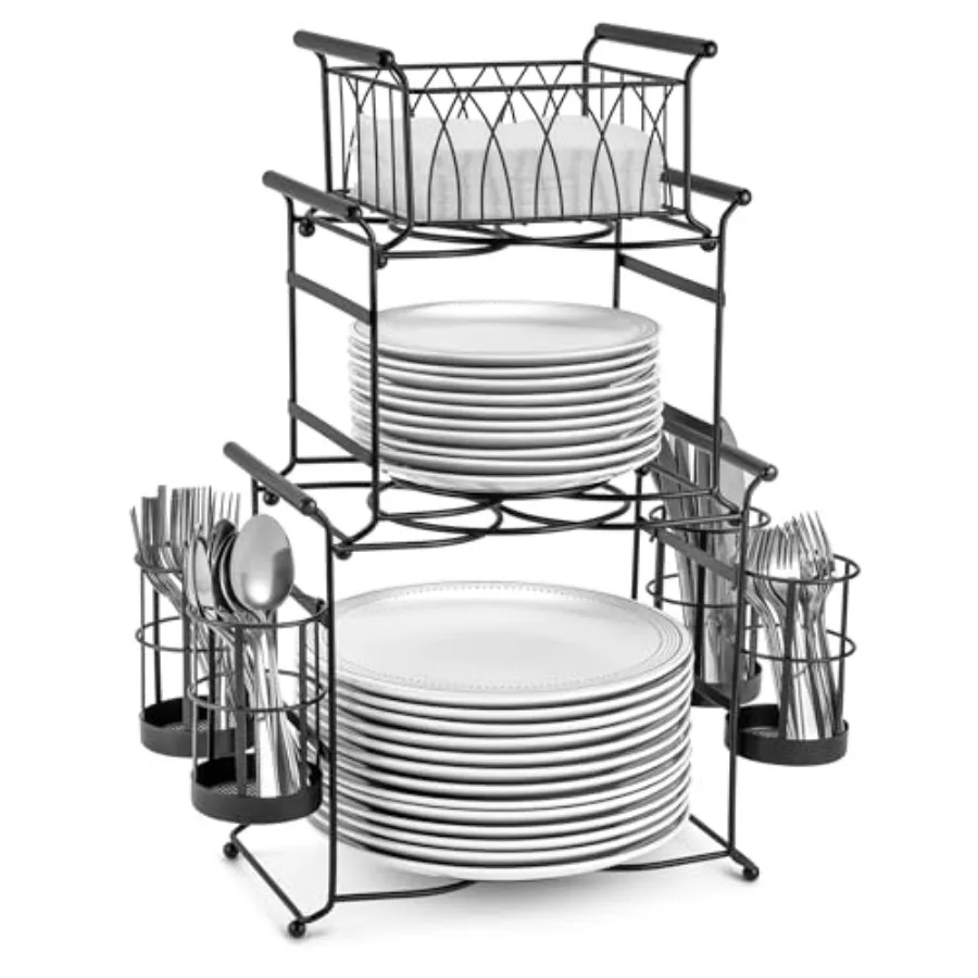

® Buffet Caddy — 7-Piece Stackable Set Includes Plate Napkin and ware Holder 3-Tier Detachable Tabletop Organizer — Ideal for K