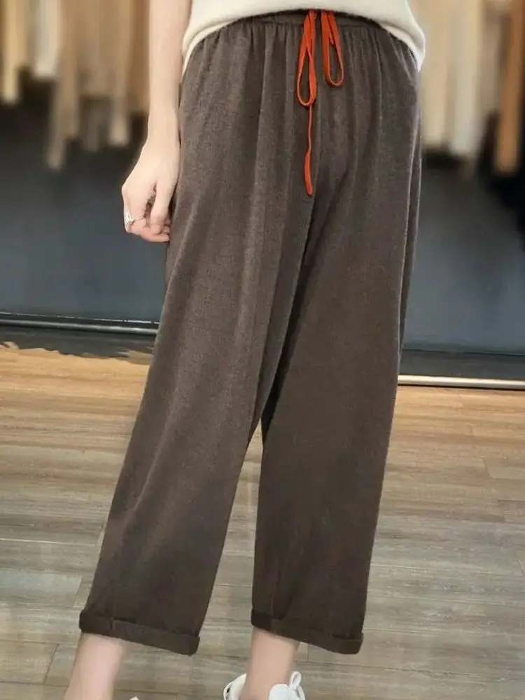 Spring Summer Casual Loose Wide-Leg Ankle-Length Pants For Women Soft Thin Trousers 30% Merino Wool Knitwear Korean Popular Tops