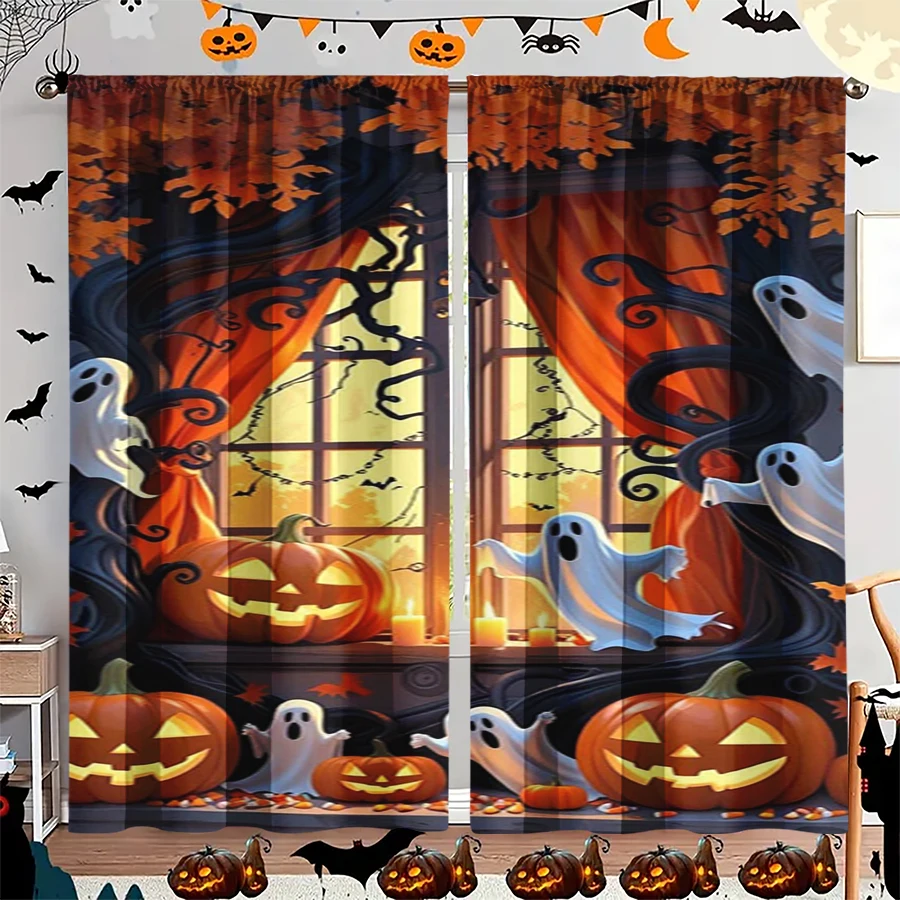 2PCS Digital Print Curtain, Haunted Window Ghost Pumpkin Candle Branch, Halloween Spooky Gothic for Bedroom Living Room