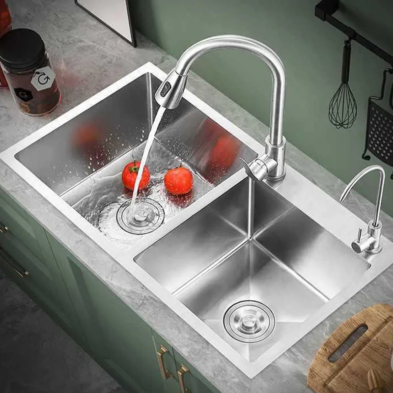 Handmade 304 Stainless Steel Kitchen Sink Set Thickened Double Bowl Square Shape Single for Vegetable Dishwashing Household Use
