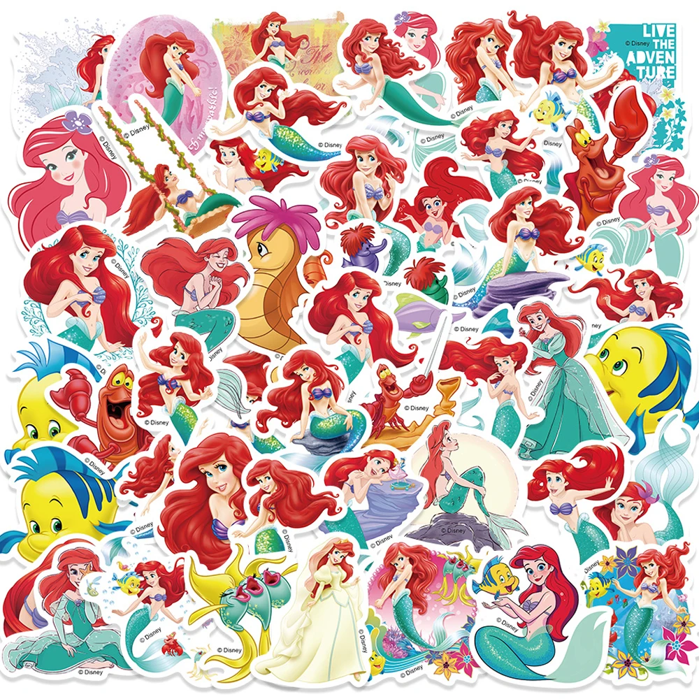 50pcs Cute Disney The Little Mermaid Stickers Kawaii Princess Ariel Cartoon Decals Waterproof Graffiti Stationery Luggage Bike