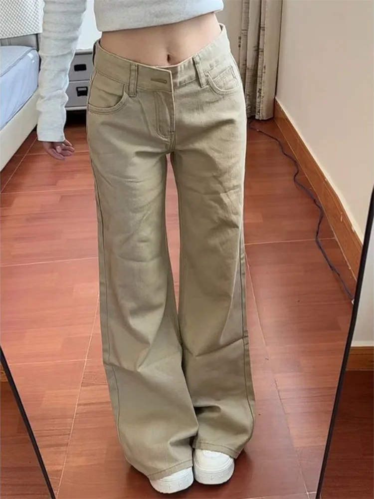 

Американские джинсы-клеш цвета хаки свободного кроя с широкими штанинами для женщин, летние, больших размеров, с низкой посадкой