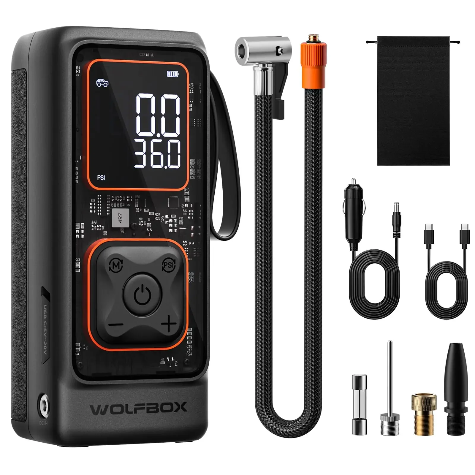 

WOLFBOX MegaFlow24 Tire Inflator 150PSI Portable Air Compressor Cordless Car Air Pump for Car Tires with Digital Pressure Gauge
