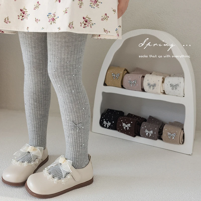 KID Girls Kawaii Rhinestone Bow Footed Tights Sweet Fashion Style Soft Stretchy Breathable Ideal for Daily Outfit Children Pants view 2
