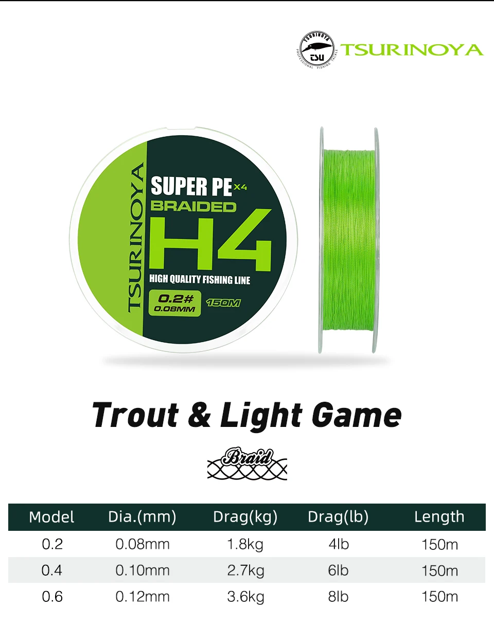 Tsurinoya 4 webt pe Angelschnur h4 4-8lb 150m leichtes Spiel Forellen spiel Long Casting 4 Strang geflochtene glatte Multi filament schnur – Detail 4