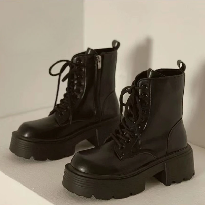 British Style Autumn Platform Shoes for Women Fashion Lace Up Round Toe Ankle Boots for Women Chunky Heel Ladies Short Boots