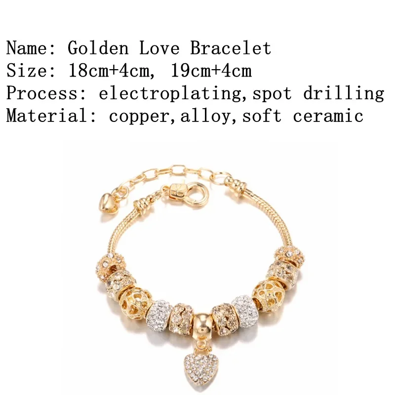 2024 New Crystal Heart Beads Charm Bracelets Gold Color Snake Chain Brand Bracelets for Women Lover Valentine\'s Day Jewelry Gift