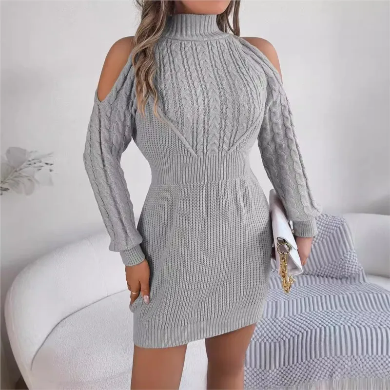 Women's Solid Color Knitted Sweater Dress 2024 Autumn/Winter Casual Off Shoulder High Collar Lantern Sleeves Embracing Hip Skirt