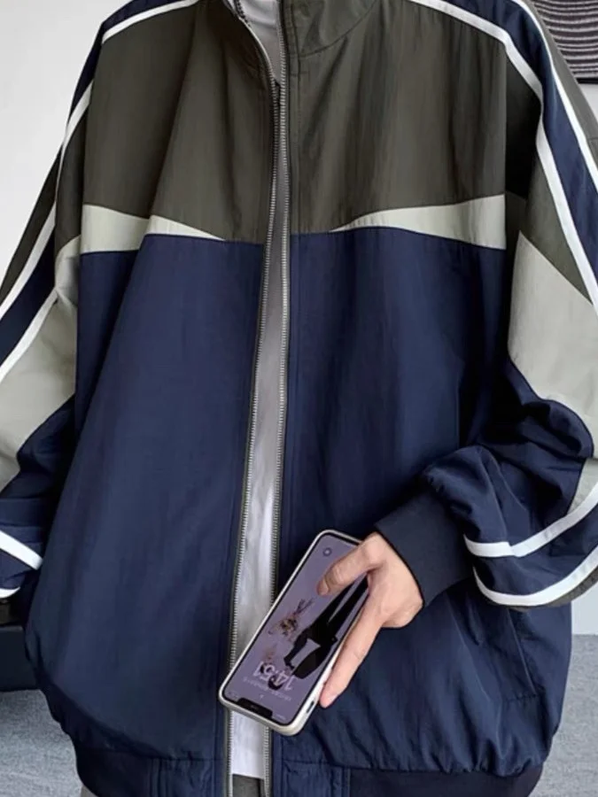 

2025 Spring American Sportswear Zipper Jaet Men's Casual Loose Matching Color Blo Collar Design Cotton Blend ex