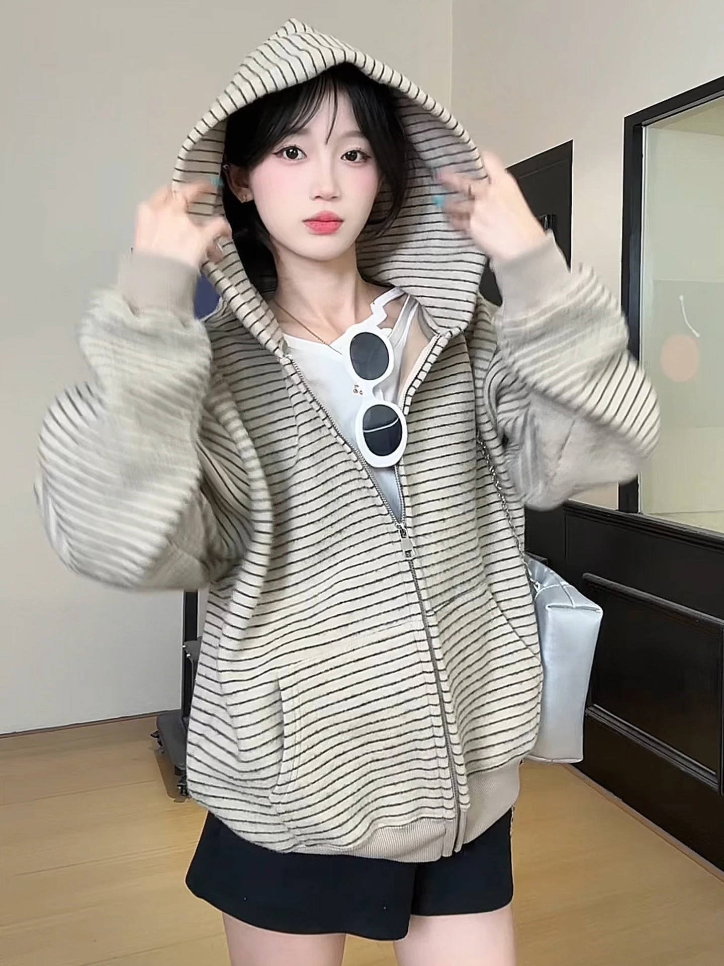 

Bla Американская полосатая толстовка с капюшоном на молнии, дизайн кардигана для мужчин и женщин, осенняя верхняя одежда для пар, свободная посадка, длинный све