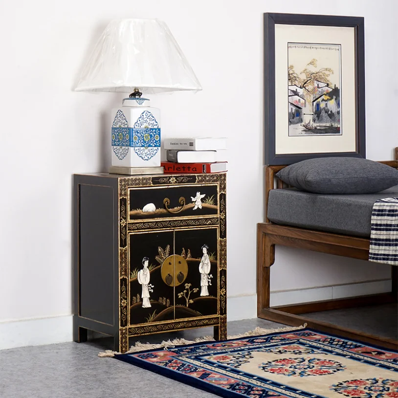 طاولة بجانب السرير فاخرة وطاولة بجانب السرير بتصميم ذهبي مرسومة يدويًا لغرفة نوم الفندق من خشب الدردار