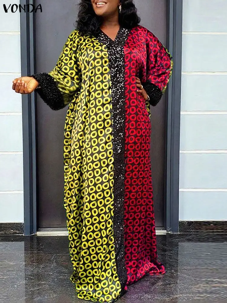 Gaun Maxi Wanita VONDA Ukuran Besar 5XL Lengan Panjang Model V-Neck Motif Bohemian Jubah Panjang 2025 Longgar Retro Kasual Pesta Vestidos