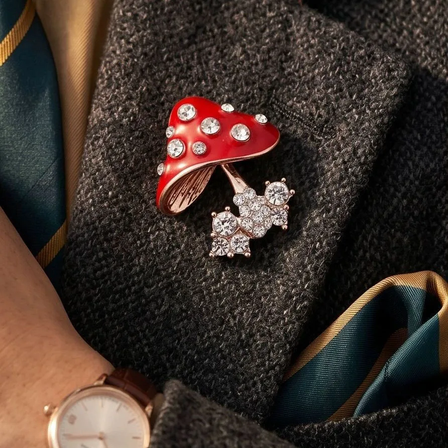Broches de hongo rojo esmaltados, bonitos broches de diamantes de imitación con forma de planta, para abrigos y trajes de mujer, corsage, regalo de cumpleaños, accesorios de vestir