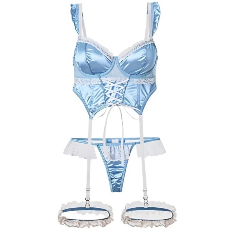 Women's Lingerie Set Sweetheart Satin Jacquard Lace Patchwork Tie-Up Ruffle Trim Underwire Lingerie Set For Women