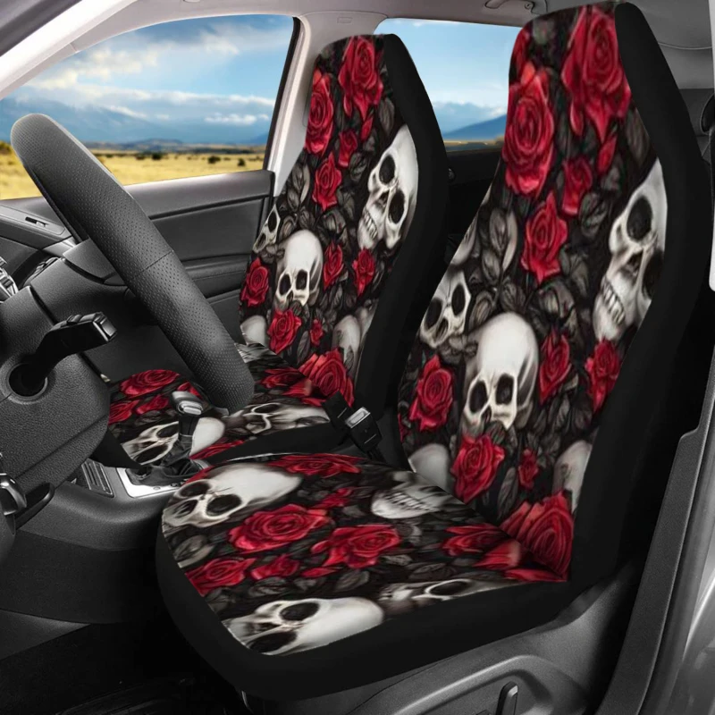 Set Of 2 Front Seat Covers Designed For Cars, Featuring A Skulls And Roses Theme. These Breathable Cushions Do Not Have Back Poc
