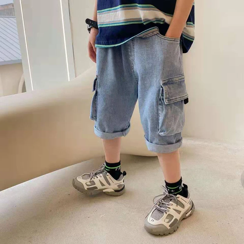 IENENS Boys Cargo Shorts Summer Children Jeans Loose Straight Casual Short Pants Elastic Waist Trousers 4-13 Years Kids Clothes