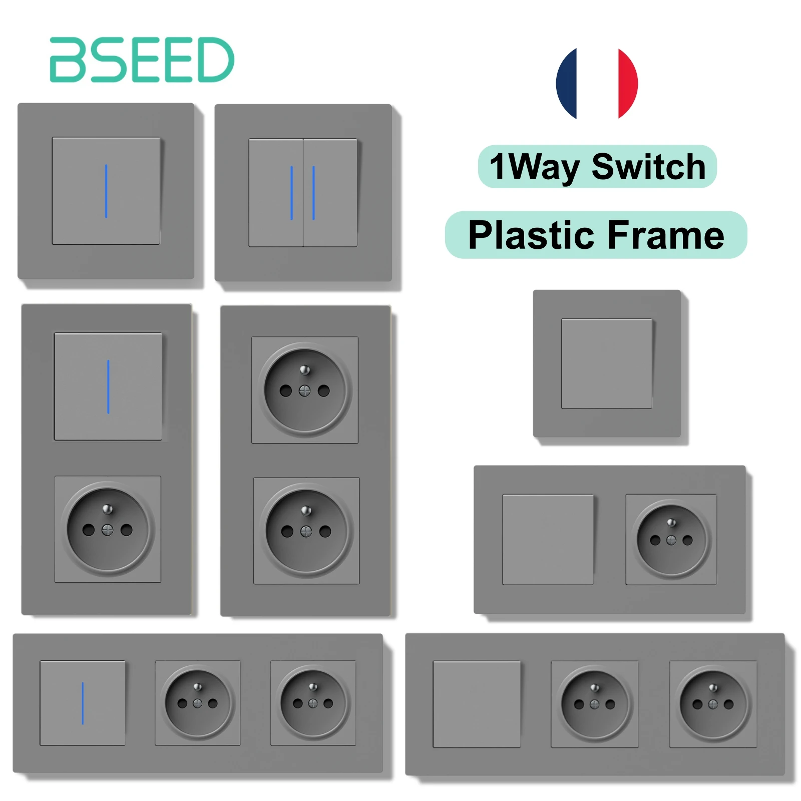 

Переключатель BSEED Выключатель света со световым индикатором 1-контактный серый пластиковый каркас FR Стандартные настенные розетки E-Series Розетка France