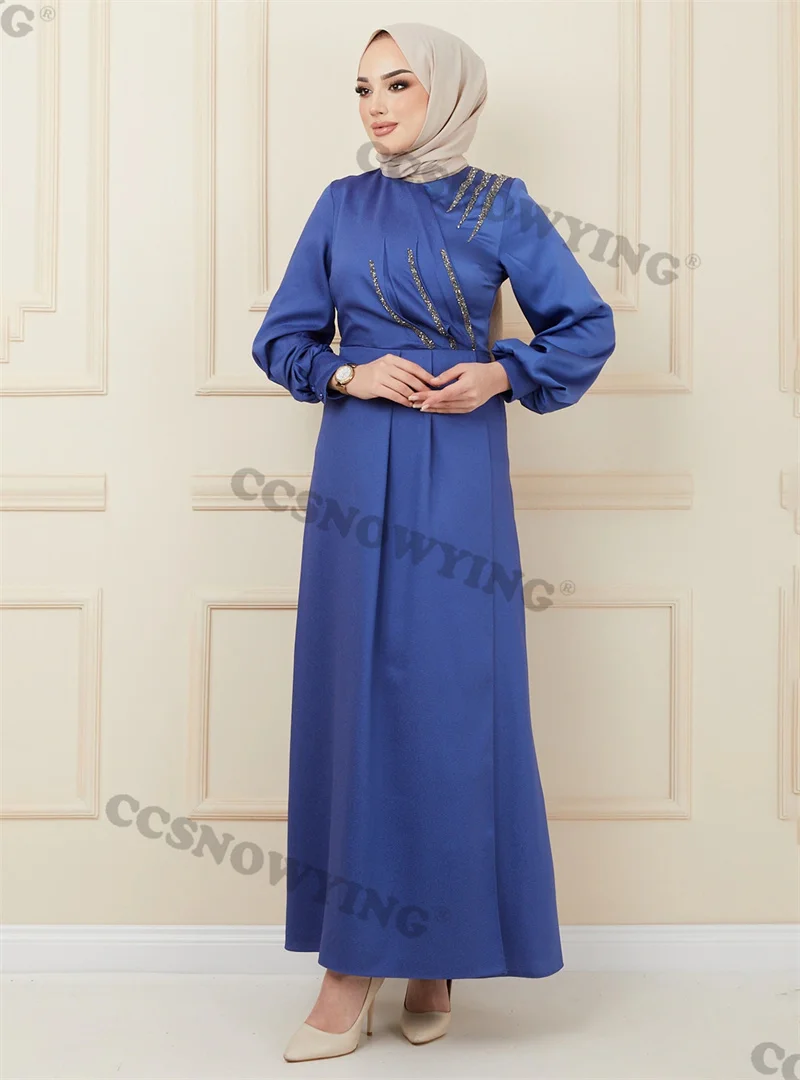 

Beaded Satin Hijab Muslim Evening Dresses Long Sleeve A Line Islamic Formal Party Gown Arabic Dubai Women Robes De Soirée