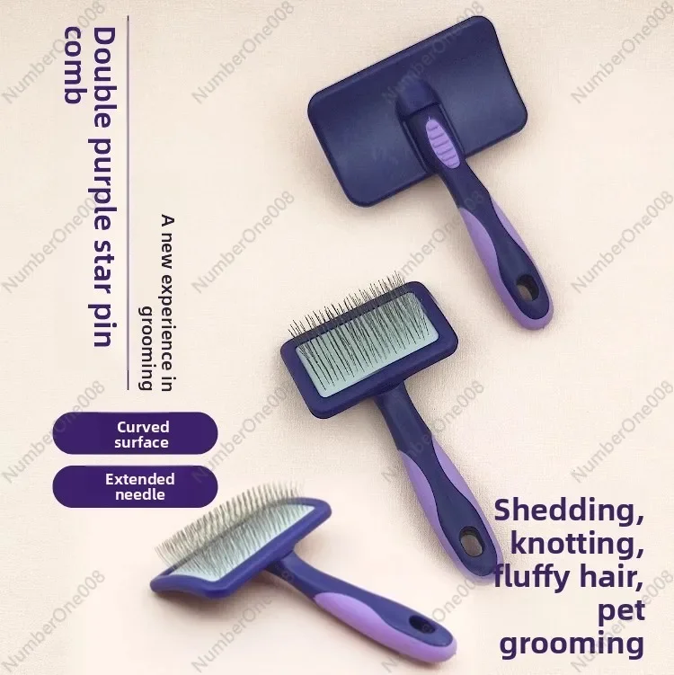Curved Pet Grooming Brush Dual-Row, Efficient Deshedding Tool for Dogs Cats, Gentle Massage Rubber Handle