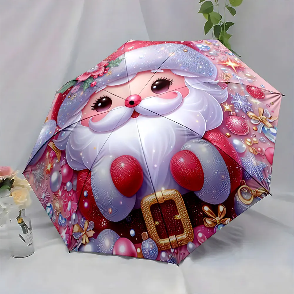 1PC Festive Santa Umbrella with Bright and Colorful Design Print 8 Iron Ribs Folding Umbrella Auto-Open Fashion Sunshade