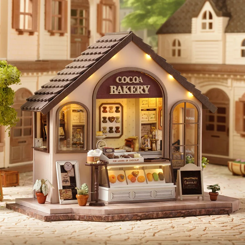 DIY COCOA Bakery Wooden Dollhouse Miniature With Furniture Kit 3D Jigsaw Puzzle Assemble Toy Children Adult Birthday Gift Casa