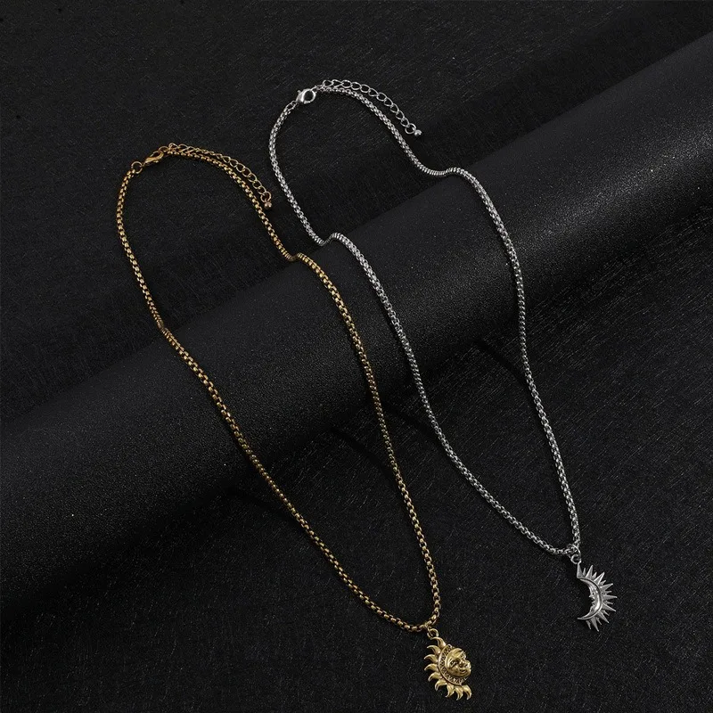 Vintage Sun Moon Pendant Necklace Set 2Pcs Stainless Steel Gold Silver Color Retro Gothic Hip‑hop Unisex Couple Neck Jewelry
