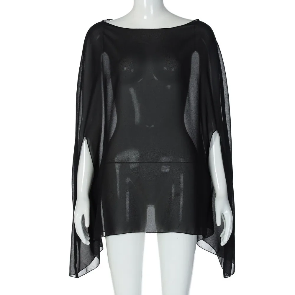 

Elegant Chiffon Smock Top O-Neck Solid Color See Through Top Oversized Loose Fit Long Sleeves Cover-up Beach Vacation