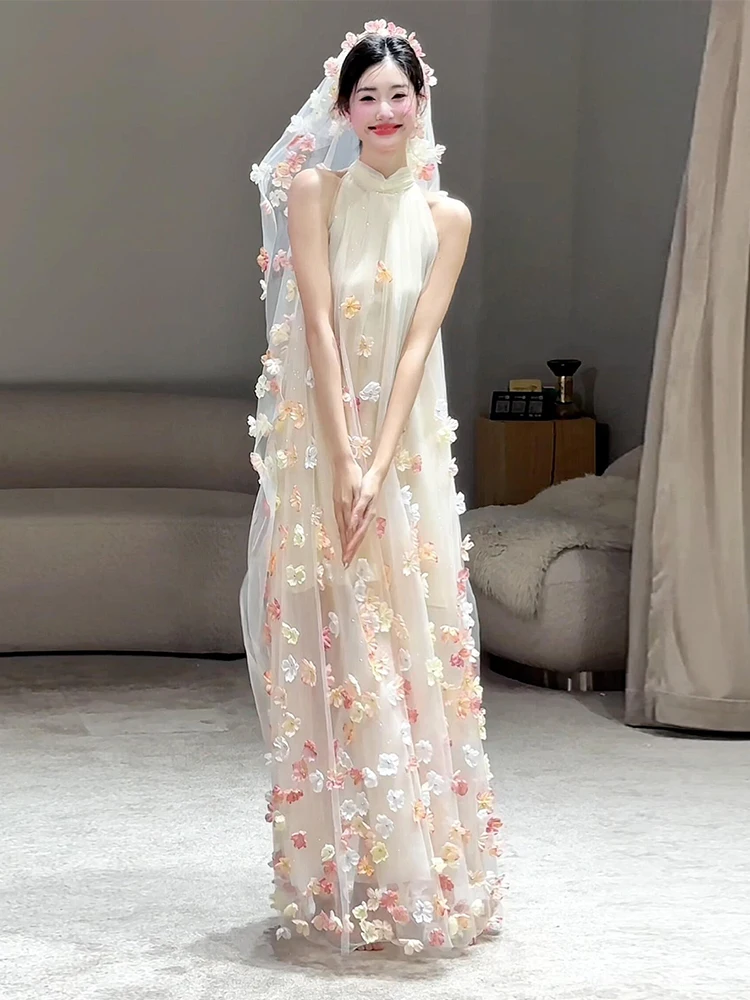 

Нежное утреннее платье-халат для женщин, для свадебных фотосессий и церемоний, с завышенной талией, А-силуэт, длинное сетчатое платье