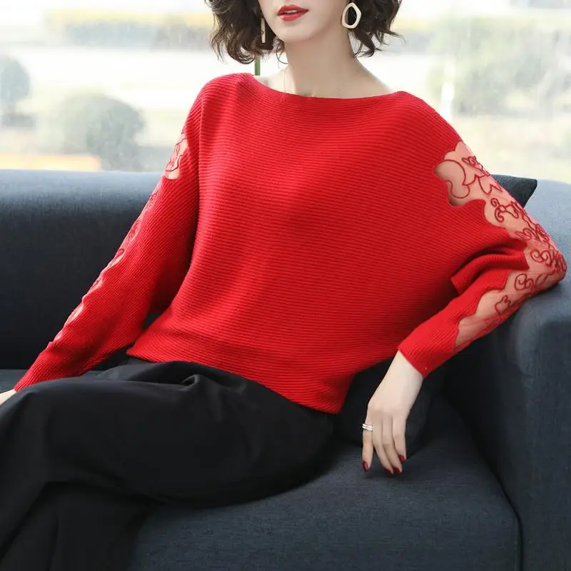 Autumn Bottoming Shirt Office Lady Patchwork Solid Color Slash Neck Batwing Sleeve Pullovers Ladies Elegant Lace Loose Sweater