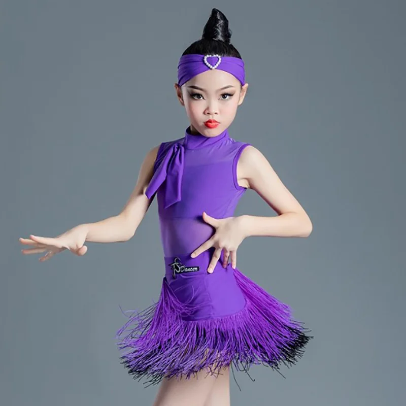 

Детское сетчатое боди без рукавов для латинских танцев и юбки с кисточками для девочек, тренировочная одежда для профессиональных соревнований, бальных танцев, румбы